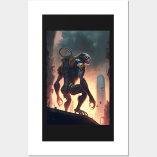 Giant futuristic robot cyborg Monkey attacking the city Posters and Art